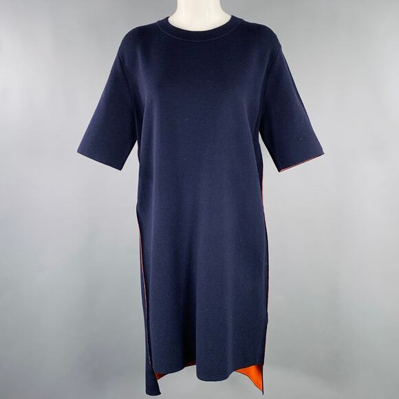 DKNY Size M Navy Orange Merino Wool Contrast Trim Short Sleeve Dress - Picture 1 of 6